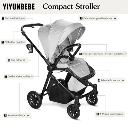 Lightweight High-View Baby Stroller, One-Hand Fold & Compact Storage, Convertible Seat, 5-Point Safety Harness, Foldable Infant Stroller, Grey