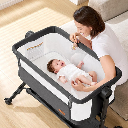 Bassinet Bedside Sleeper - All-Mesh Design, Portable Bedside Bassinet for Baby with Washable Mattress, 5 Adjustable Heights（Beige）