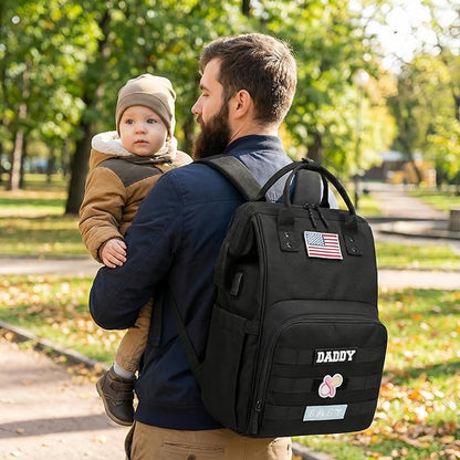 Diaper Bag Backpack for Dad and Mom with USB Charging Port Stroller Straps and Insulated Pocket,army military Travel Nappy Backpack for Daddy/Mommy (Black)