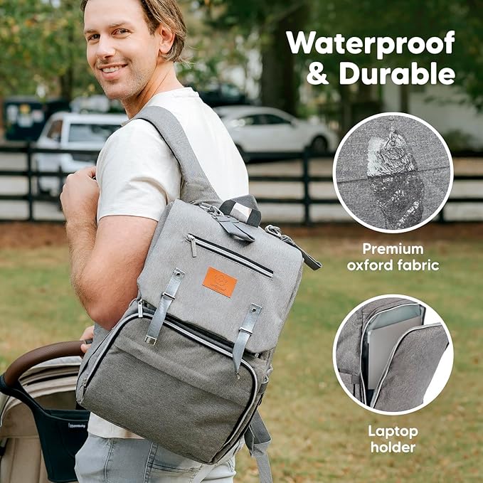 KeaBabies Baby Diaper Bag Backpack with Changing Pad - Waterproof Baby Bag for Mom and Dad, Insulated Bottle Pockets, Durable Toddler, Twin, Boy Girl Diaper Backpack for Travel, Large (Classic Gray)