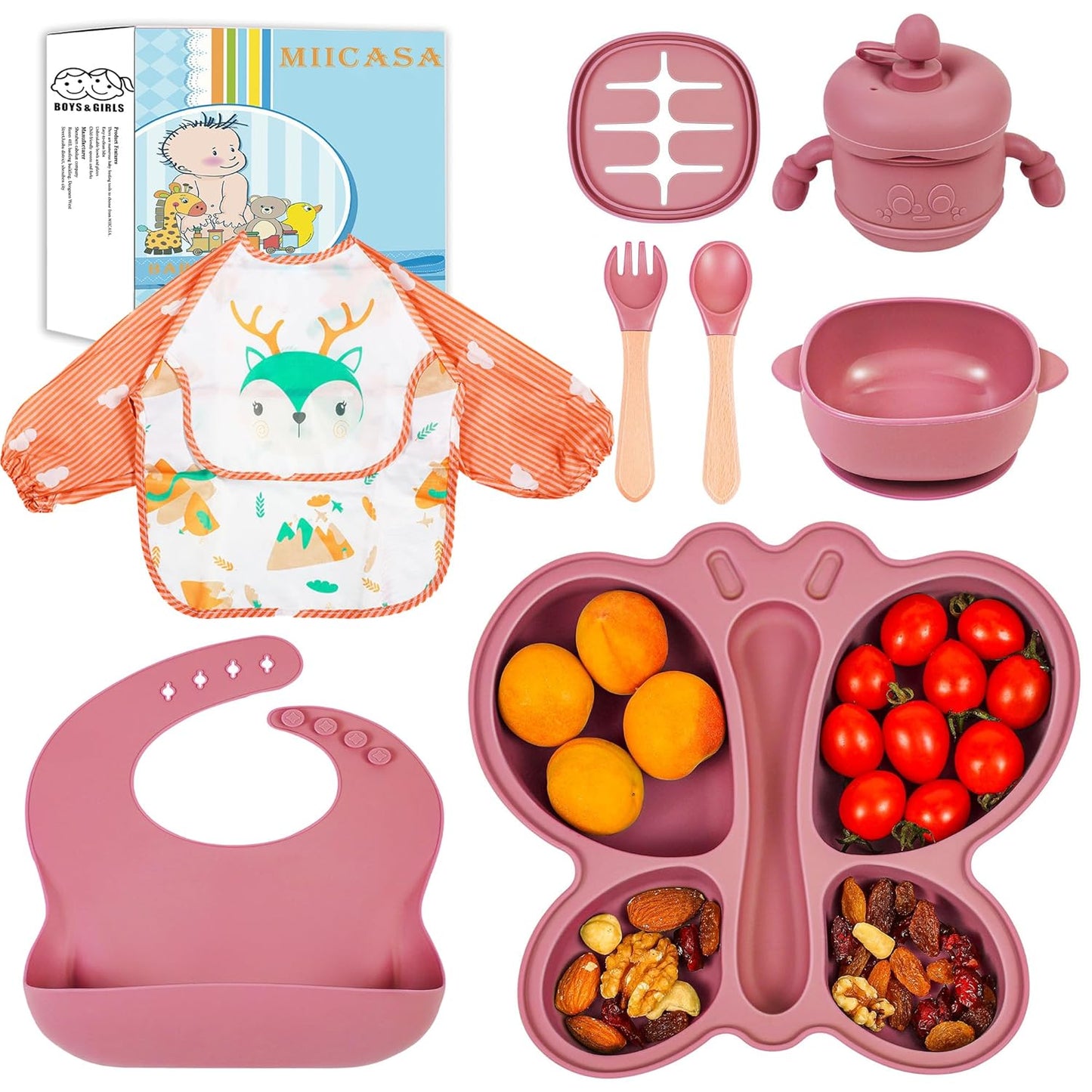 Silicone Baby Feeding Set, Baby Led Weaning Supplies, Baby Food Tableware Silicone Suction Plate, Bowl, Spoons, Fork, Waterproof Bib, Cup & Complementary Food Cake Mold, Baby Eating Utensils