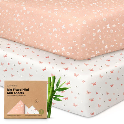 2-Pack Waterproof Pack and Play Sheets, Mini Crib Sheets Fitted for Boy, Girl - 38 x 26 Viscose from Bamboo Pack N Play Mattress Sheets for Graco, Toddler Playard Baby Crib Sheets Neutral (Blue Flax) - Colors A