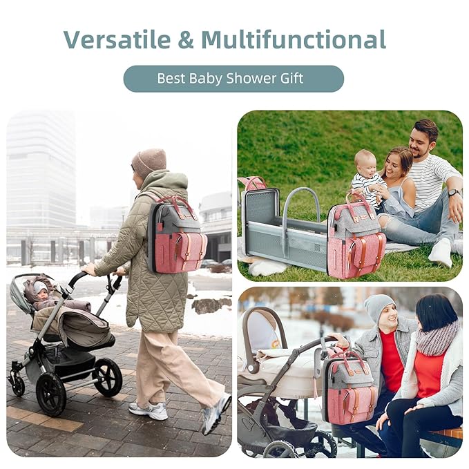 ISMGN Diaper Bag Backpack with Changing Station, Large Diaper Bag, Baby Bag with Changing Station, Pink Diaper Bag, Pinkgray