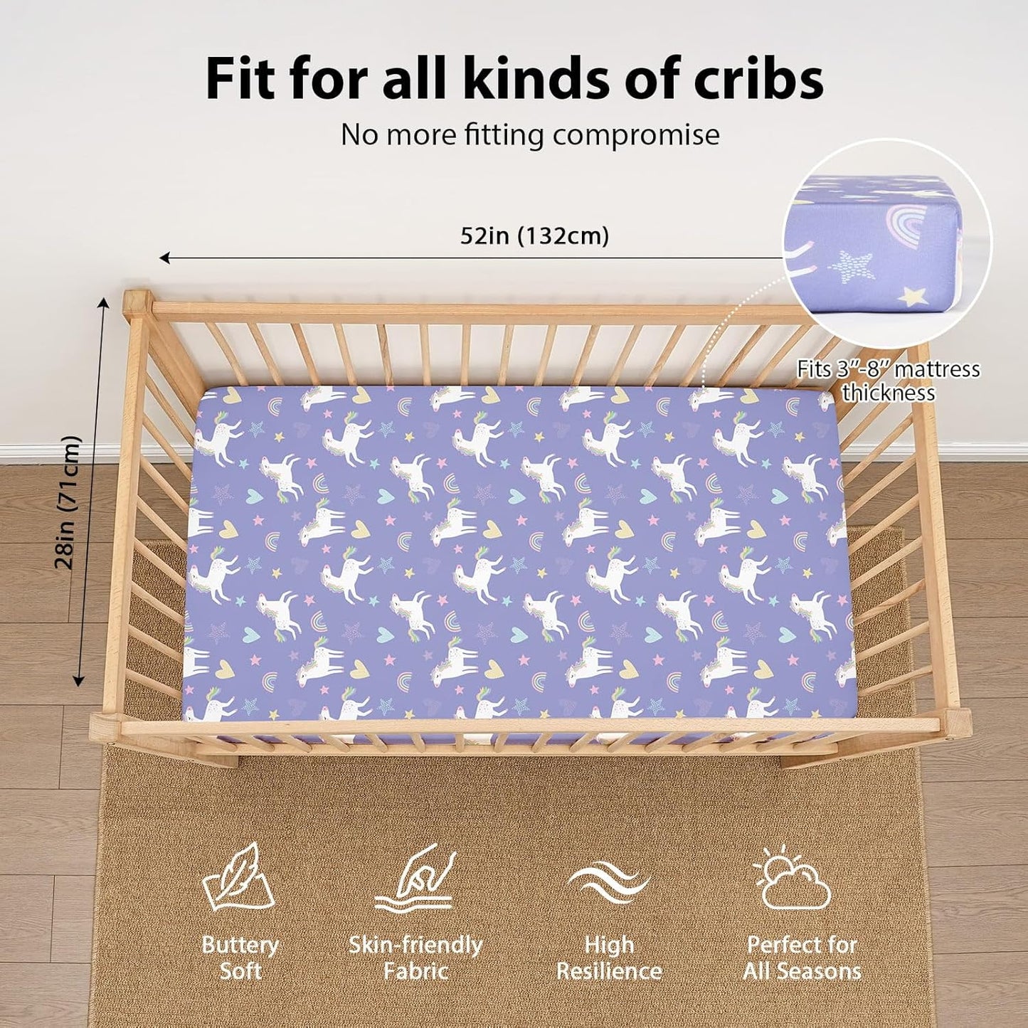 Baby Mini Crib Sheets Girl, Portable 38”x26” Pack and Play Sheets Fitted for Playard and Pack N Play Mattress, 3-Pack Soft Microfiber Pink Rainbow