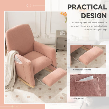 FOXHUNTER Rocking Chair Nursery with Adjustable Footrest and High Backrest, Upholstered Glider Chairs with Side Pockets for Nursery, Rocker Armchair Indoor for Living Room,Beige