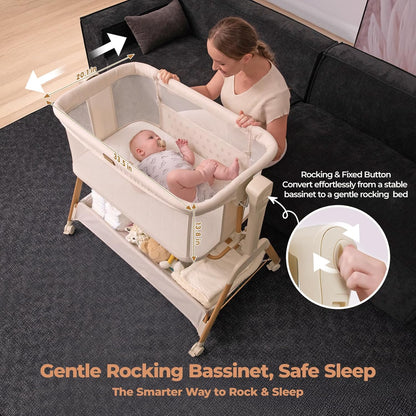 Ezebaby Baby Bassinet Bedside Sleeper: 3-in-1 Rocking Bassinet for Baby - Breathable Full-Mesh Crib with Mattress | 6 Height Adjustable | Portable Crib with Lockable Wheels for Newborns