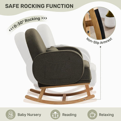 HCHAIRH Nursery Rocking Chair with Ottoman, Upholstered Glider Rocker with High Backrest Side Pocket, Rocking Accent Armchair with Solid Wood Legs for Nursery, Living Room, Bedroom, Light Grey