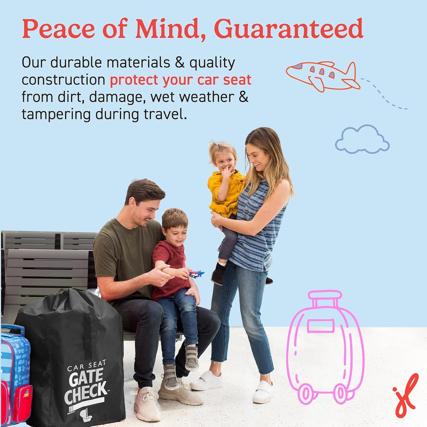 J.L. Childress Gate Check Travel Bag for Car Seats - Car Seat Travel Bag for Airplane, Includes AIRTAG Holder, Fits All Baby Carriers, Infant Carriers & Child Booster Seats - Neon Blue