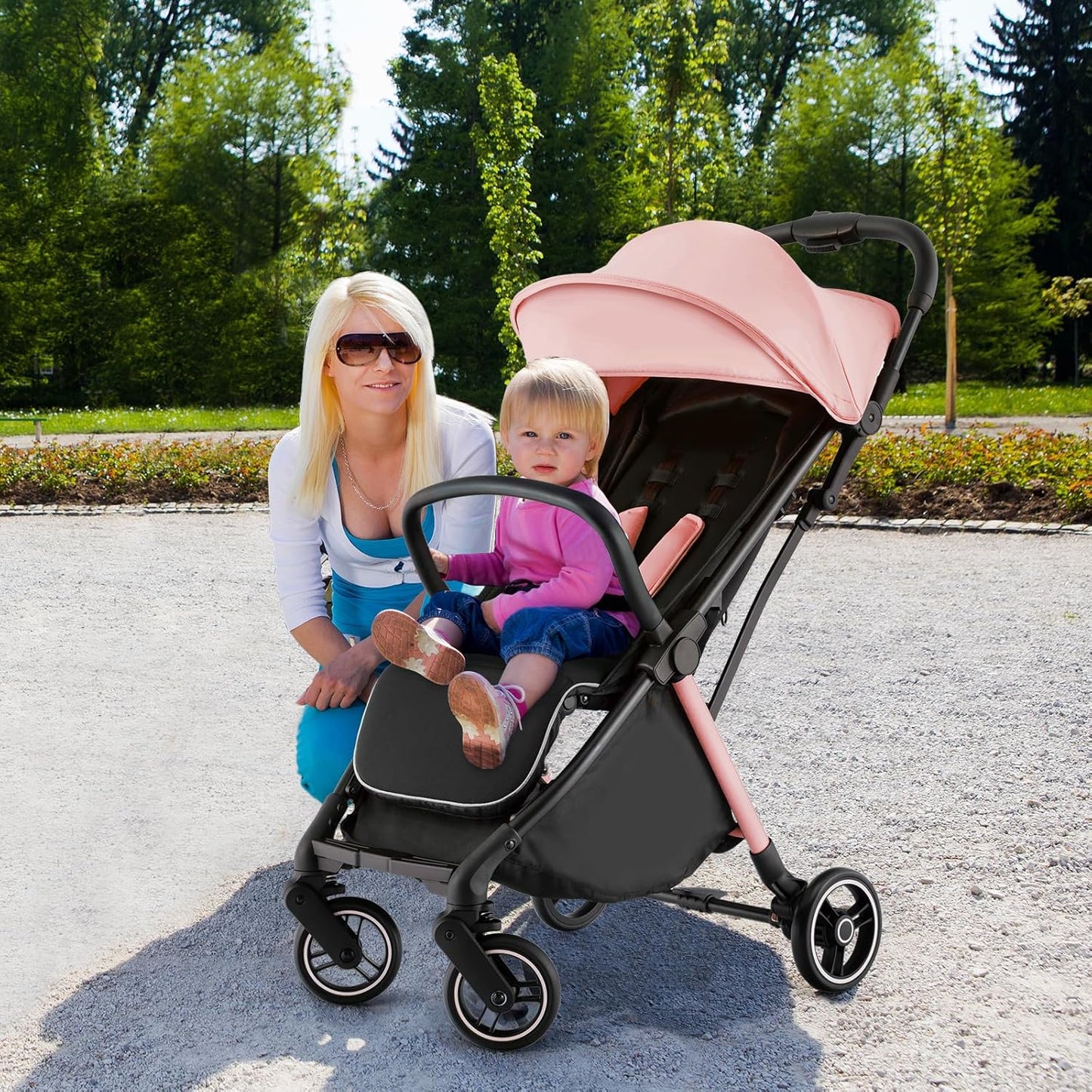 HONEY JOY Lightweight Baby Stroller, Compact Travel Stroller for Airplane, Fits Airplane Cabin & Overhead, One-Hand Gravity Fold, Self-Standing Toddler Stroller w/Adjustable Backrest/Canopy(Pink)
