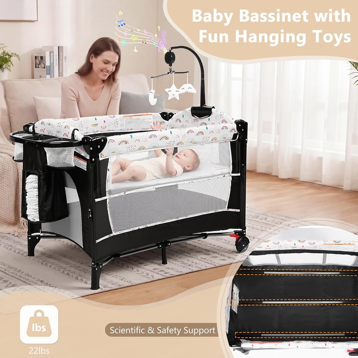 Kinder King 4 in 1 Portable Baby Playard, Foldable Baby Bedside Crib w/Bassinet, Infant Pack and Play Playard Toddler Large Playpen, Newborn Changing Table, Storage Basket, Grey