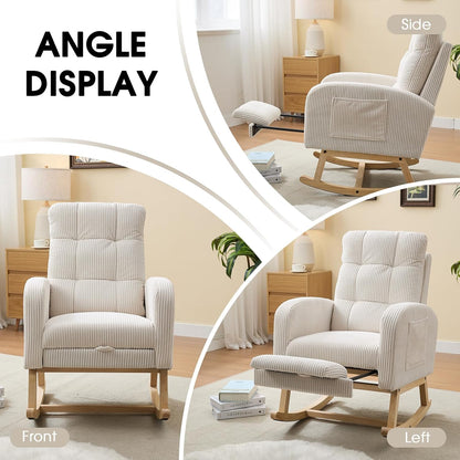 NIOIIKIT Nursery Rocking Chair, Corduroy Upholstered Rocking Chair with Adjustable Footrest, Tufted Rocker Chair with Side Pocket, Glider Rocker for Living Room, Bedroom (Cream Retro)
