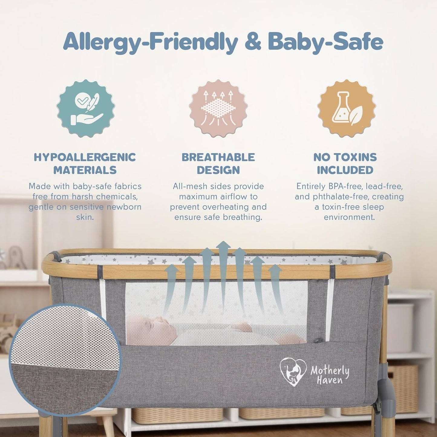 Motherly Haven Baby Bassinet Bedside Sleeper, Portable Crib for Newborns, Adjustable 7-Height Auto-Lock, with Wheels, Soft Mattress & Breathable Mesh (Light Grey)