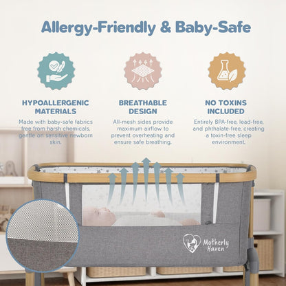 Motherly Haven Baby Bassinet Bedside Sleeper, Portable Crib for Newborns, Adjustable 7-Height Auto-Lock, with Wheels, Soft Mattress & Breathable Mesh (Light Grey)