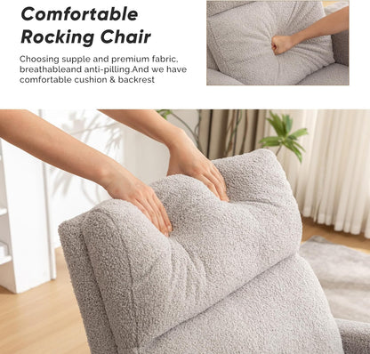 Rocking Chair Nursery, Upholstered Nursing Rocker Chair for Mom with High Backrest and Side Pockets for Bedroom Living Room, Beige
