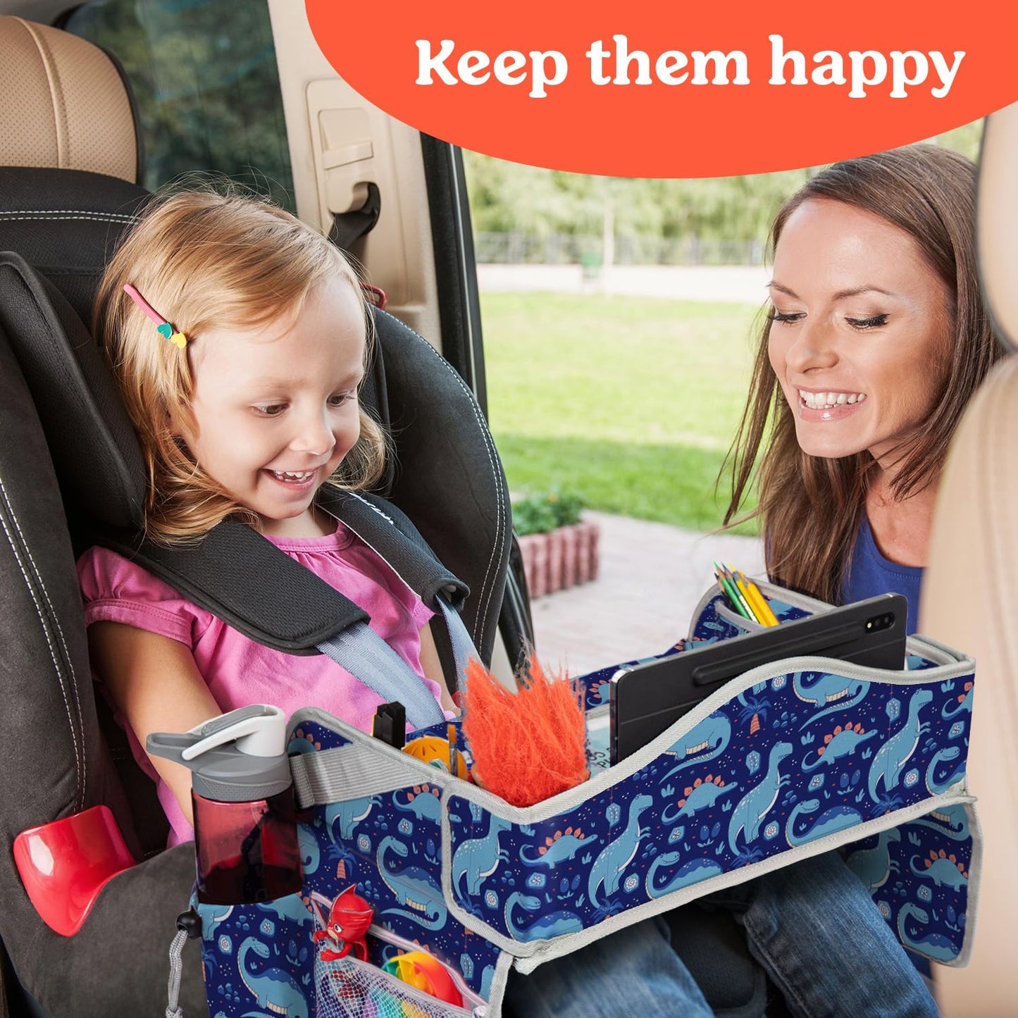 PILLANI Kids Travel Tray for Car Seat - Carseat Tray w/ iPad Holder & Dry Erase Board, Road Trip Activities - Toddler Lap Desk Organizer for Airplane - Roadtrip & Travel Essentials - Pack of 2, Pink
