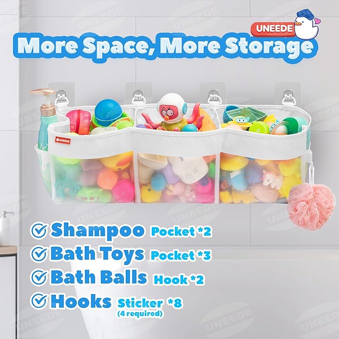 UNEEDE 3 Compartment Horizontal Bath Toy Organizer for Tub,Extra Large Capacity 4.95 Gallons Bath Toy Storage Holder,Mesh Quick Dry Bathtub Storage and Organizer,Easy Access Baby Bathtub Holder