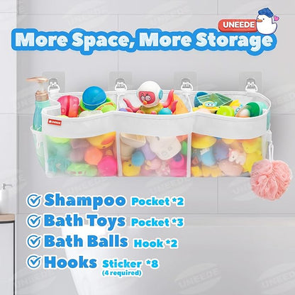 UNEEDE 3 Compartment Horizontal Bath Toy Organizer for Tub,Extra Large Capacity 4.95 Gallons Bath Toy Storage Holder,Mesh Quick Dry Bathtub Storage and Organizer,Easy Access Baby Bathtub Holder