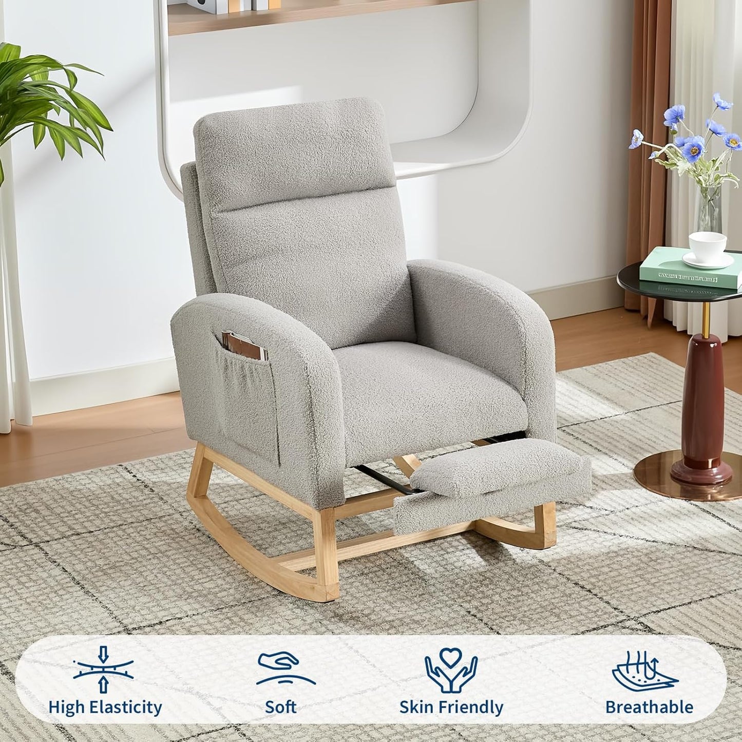 Garvee Teddy Fleece Nursery Rocking Chair,Upholstered Glider with 26" High Backrest, Padded Seat,Modern 300 Lbs Weight Capacity Accent Recliner for Living Room, Bedroom, Reading