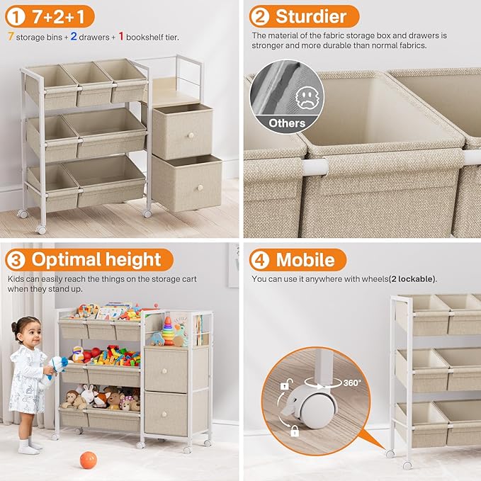 Modanais Kids Toy Organizers and Storage Bins - 7 Storage Bins + 2 Fabric Drawers + 1 Bookshelf, Playroom Storage, Mobile Cart Organizer for Toy, Clothes, Blankets and Books - Off White