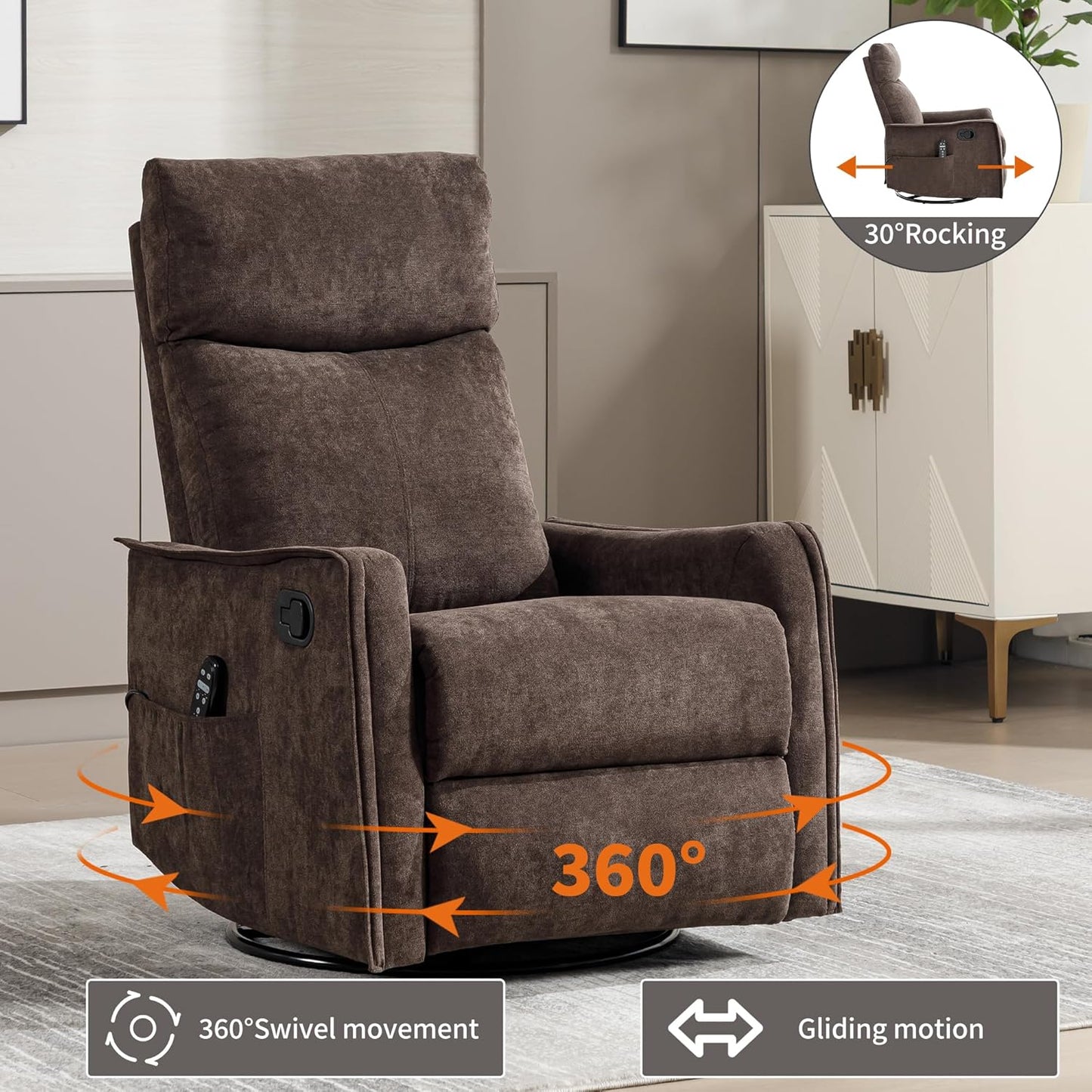 Swivel Rocker Recliner Chair for Adults, Nursery Rocking Chair with Heat and Massage, Glider Reclining Chair for Small Space Living Room Bedroom, Faux Leather Black