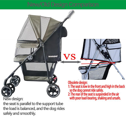 ROODO 4 Wheel Dog Cat Pet Stroller Best Lightweight Foldable Compact Portable Jogger All Terrain Travel Pet Gear Puppy Doggie Bunny Kitty Stroller for up to 30lbs Medium Small Dogs Cats(Light Khaki)