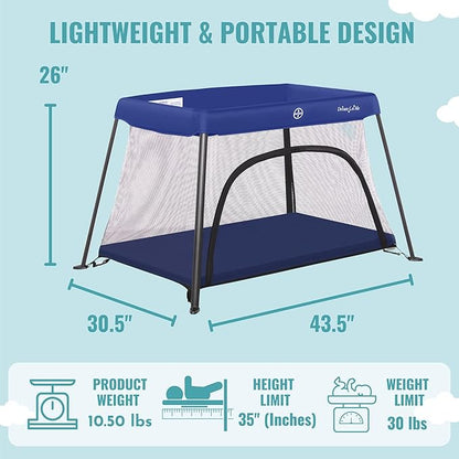 Dream On Me Travel Light Baby Playard with Zipper Access Door, Breathable Mesh Sides with Soft Comfortable Mattress, Easy Fold Design with Travel Carry Bag, Compact Space Saving Design - Navy