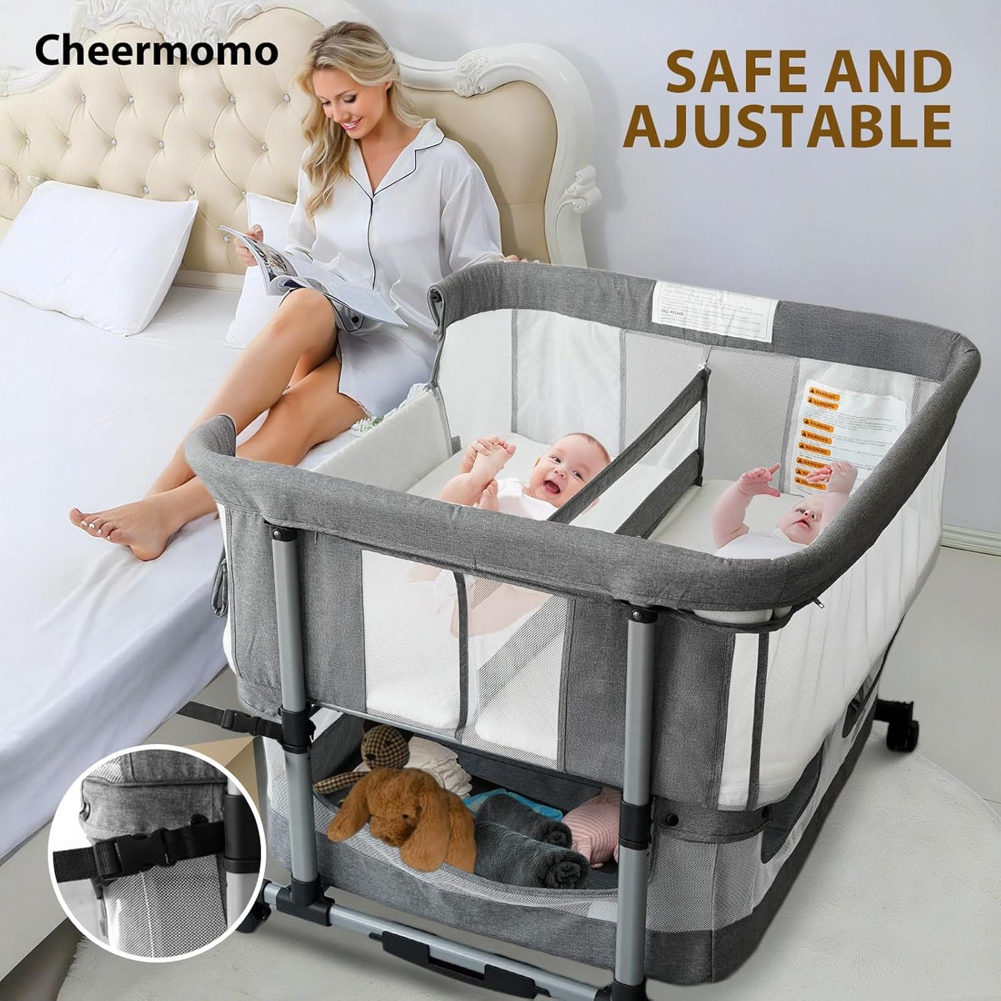 Twin Bassinet for 2 Babies, Double Bassinet for Twins, Baby Bassinet with Wheels, Full-Mesh Sides, 5-Height Adjustable, Portable and Stable Baby Crib for Newborns (Basic Grey)