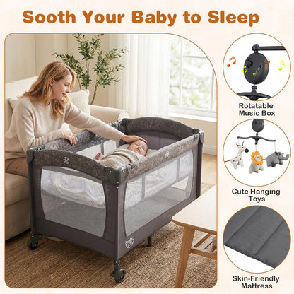 BABY JOY 5-in-1 Pack and Play, Baby Bedside Sleeper with Bassinet, Portable Baby Playard with U-Shaped Diaper Changer, Safety Strap, Multifunction Baby Bassinet Bedside Crib from Newborn to Toddlers