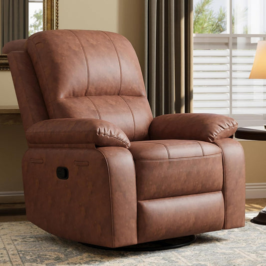 Leather Swivel Rocker Recliner Chair, Traditional Manual Chair, Upholstered Nursery Glider Rocking Recliner, Comfy Faux Leather Single Sofa with Pocket Spring for Living Room, Camel