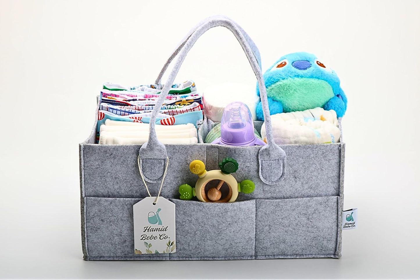 Hamid Baby Diaper Caddy Organizer – Includes Infant Face Cleaning Towel – Large Portable Nursery Storage Basket with 3 Compartments, 8 Pockets, Removable Dividers – Car, Travel Diaper Bag - Grey