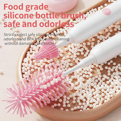 Portable Electric Silicone Bottle Brush Set, 7-in-1 UV LIGHT USB Charging, Nipple/Straw Cleaner, Milk Mixer, Built-in Drying Rack & Storage Case, BPA-Free, IPX7, On-the-Go for New Parents (Blush)