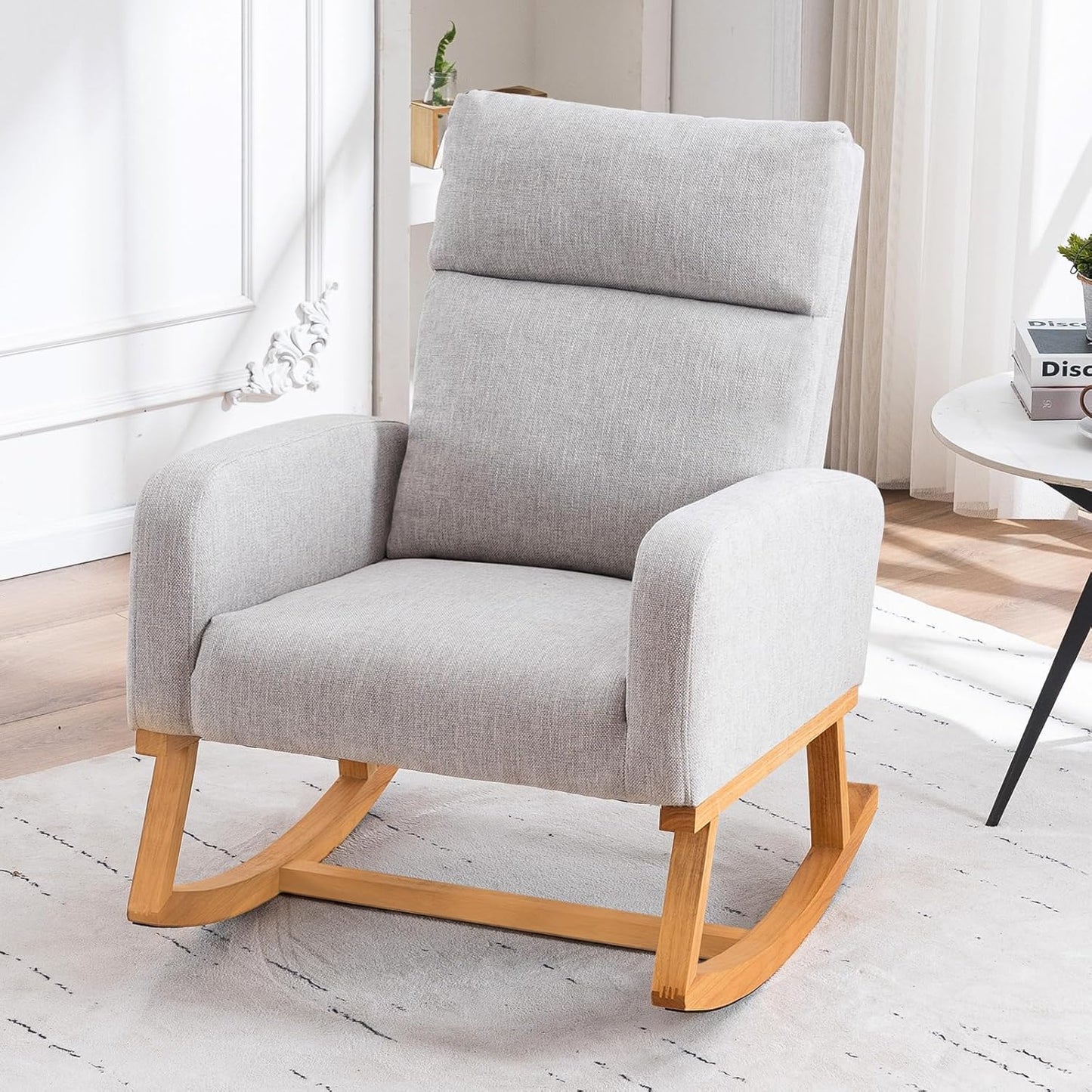 Rocking Chair Nursery, Upholstered Nursing Rocker Chair for Mom with High Backrest and Side Pockets for Bedroom Living Room, Beige
