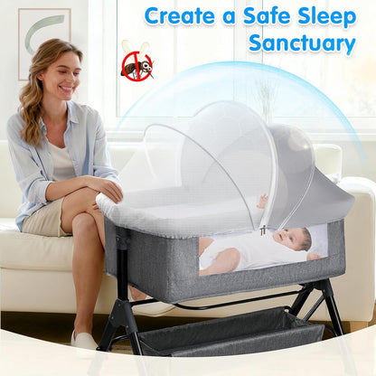Bassinet Mosquito Net Cover - Half-Blackout Mosquito Net for Baby Crib & Bedside Sleeper, Breathable Crib net with 2-Way Zipper, Sun-Blocking Baby Mosquito Net Cover (Gray-Small)