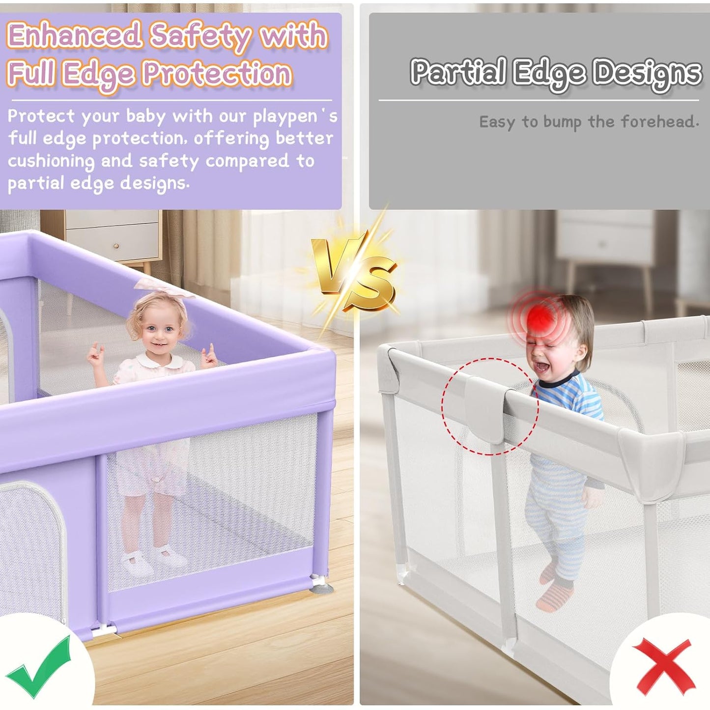 Baby Playpen with Mat - 79"x71" Extra Large Play Pens for Babies and Toddlers Indoor Safety Baby Fence with Soft Breathable Mesh - All-Wrapped Sponge Sturdy Play Yard with Handle & Bag Purple