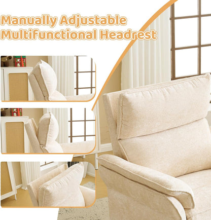 Oversized Swivel Rocker Recliner with Adjustable Headrest, Rocking Chair Nursery with Overstuffed Armrest, Manual Rocker Recliner Nursery Chair for Living Room, White