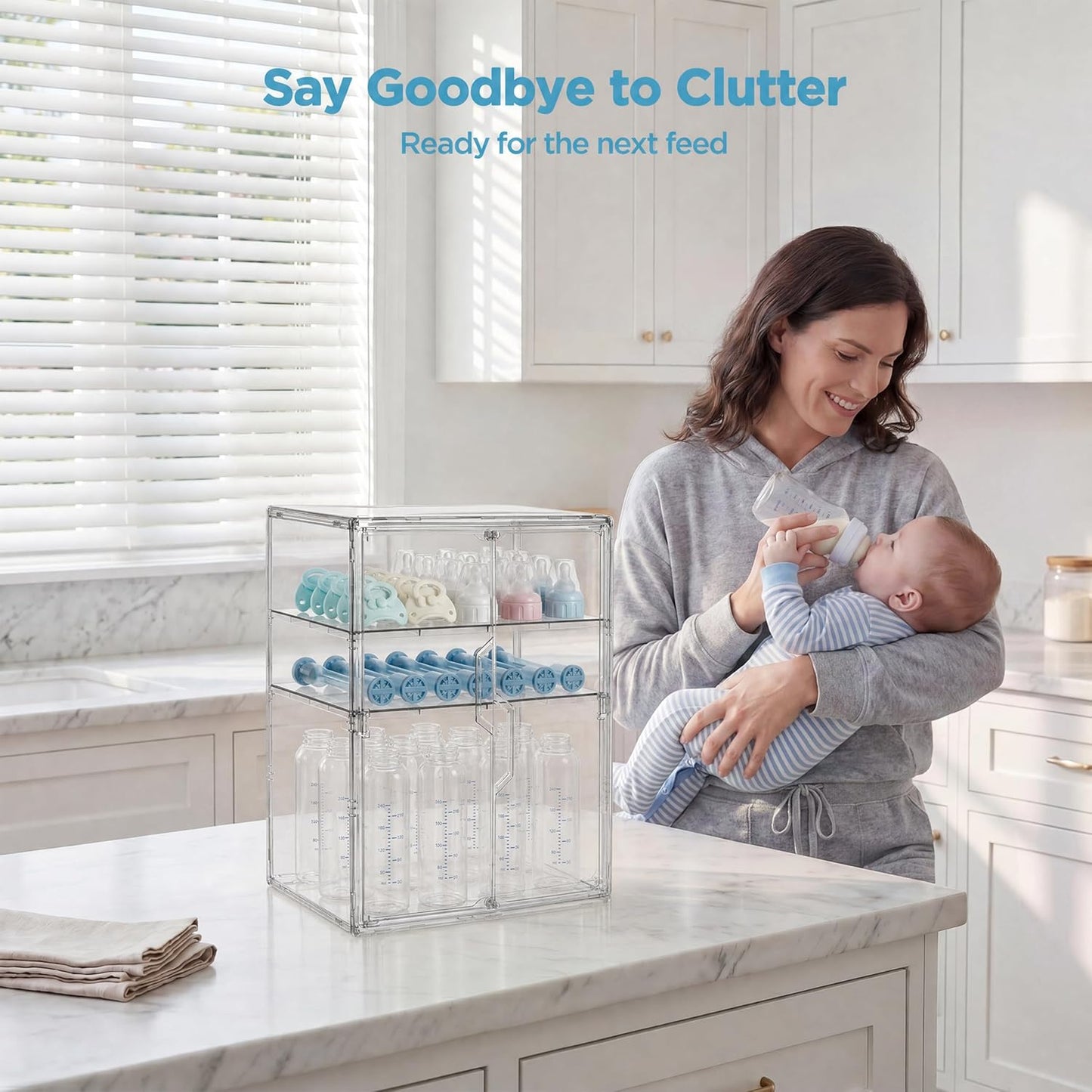 HBlife Baby Bottle Storage Organizer for Countertop Cabinet, 3 Tiers Adjustable Clear Acrylic Bottles Storage Station Case Box Container with 2 Removable Dividers and Magnetic Door, Large
