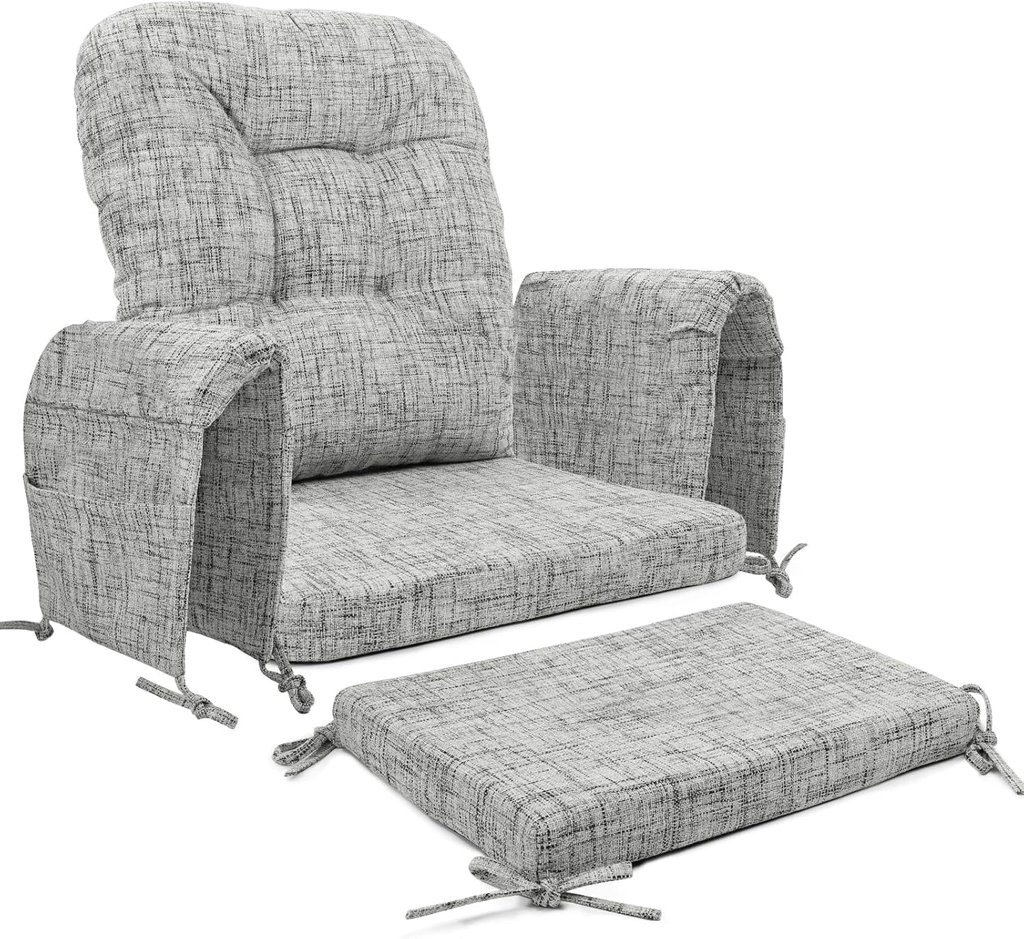 SINOSSO Glider Rocker Cushion Set (5 Pcs), Soft Blended Fabric High-Density Support Foam Seat Cushions with Ties, Fits Rocking Chair/Nursery Glider & Ottoman, Black-Gray