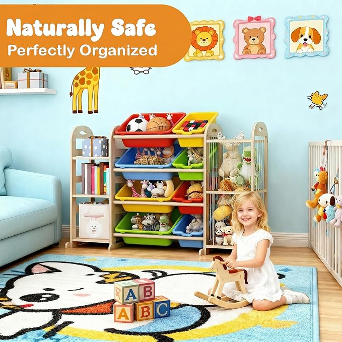 Toy Storage Organizer, Toy Organizers and Storage with Stuffed Animal Storage, Kids Toy Storage Shelf with 3 Shelves 8 Storage Bins, Kids Bookshelf, Toy Holder for Playrooms, Bedrooms, Multi Color