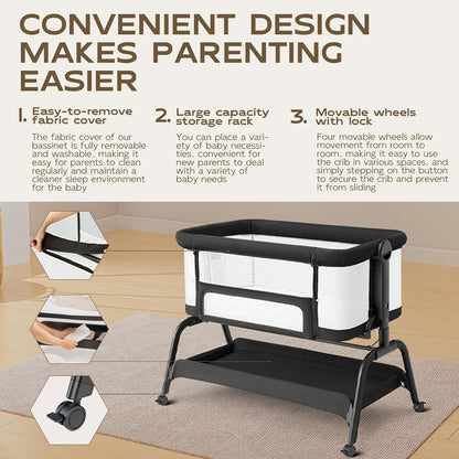 BabyBond Baby Bassinet, 3 in 1 Bassinet Bedside Sleeper with Washable Soft Mattress and Sheet, 6 Height Adjustable Bedside Crib, 4-Sided Mesh Bedside Bassinet for Baby