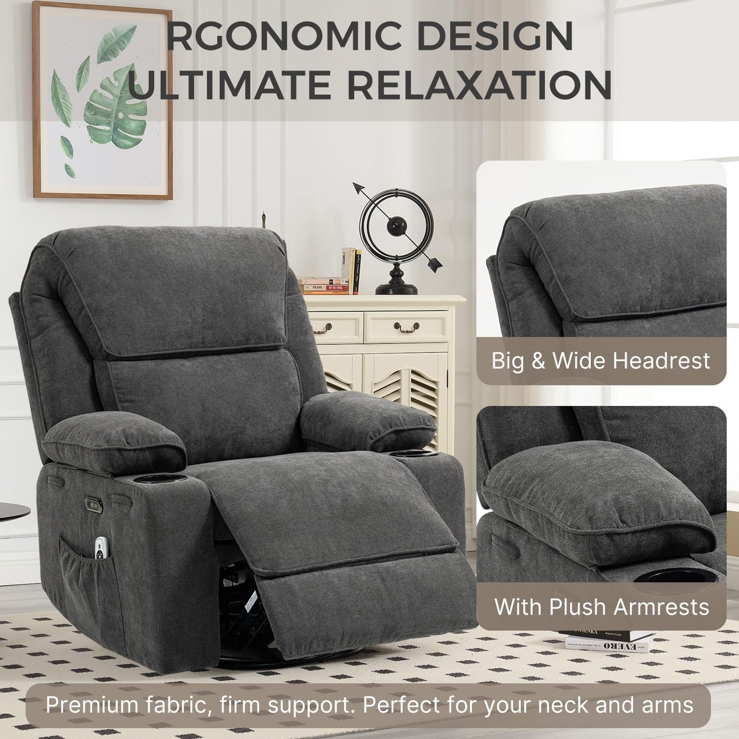 Recliner Chair Power Control, Nursery Reclining & Rocking Chair and Glider, Massage Swivel Living Room Furniture for Small Spaces, Bedroom, RVS, Lounge Sofa Chairs with USB & Type C Ports, Light Gray
