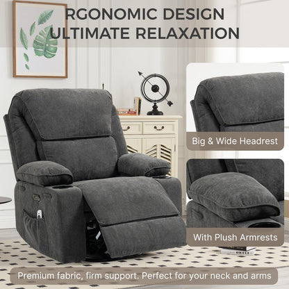 Recliner Chair Power Control, Nursery Reclining & Rocking Chair and Glider, Massage Swivel Living Room Furniture for Small Spaces, Bedroom, RVS, Lounge Sofa Chairs with USB & Type C Ports, Light Gray