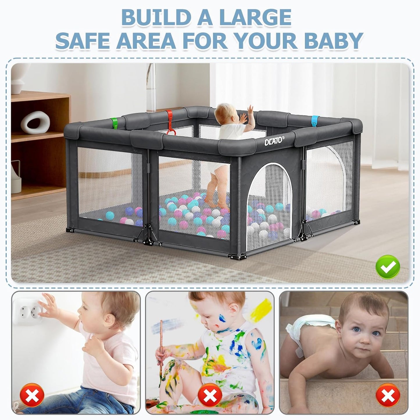 OCATO Baby Playpen Play Pen: Foldable Playpen for Babies and Toddlers Playard for Indoor Outdoor Activity Center Game Fence Safety Area Toddler Play Pen for Babies 6-12 Months Baby Gifts (50" × 50")