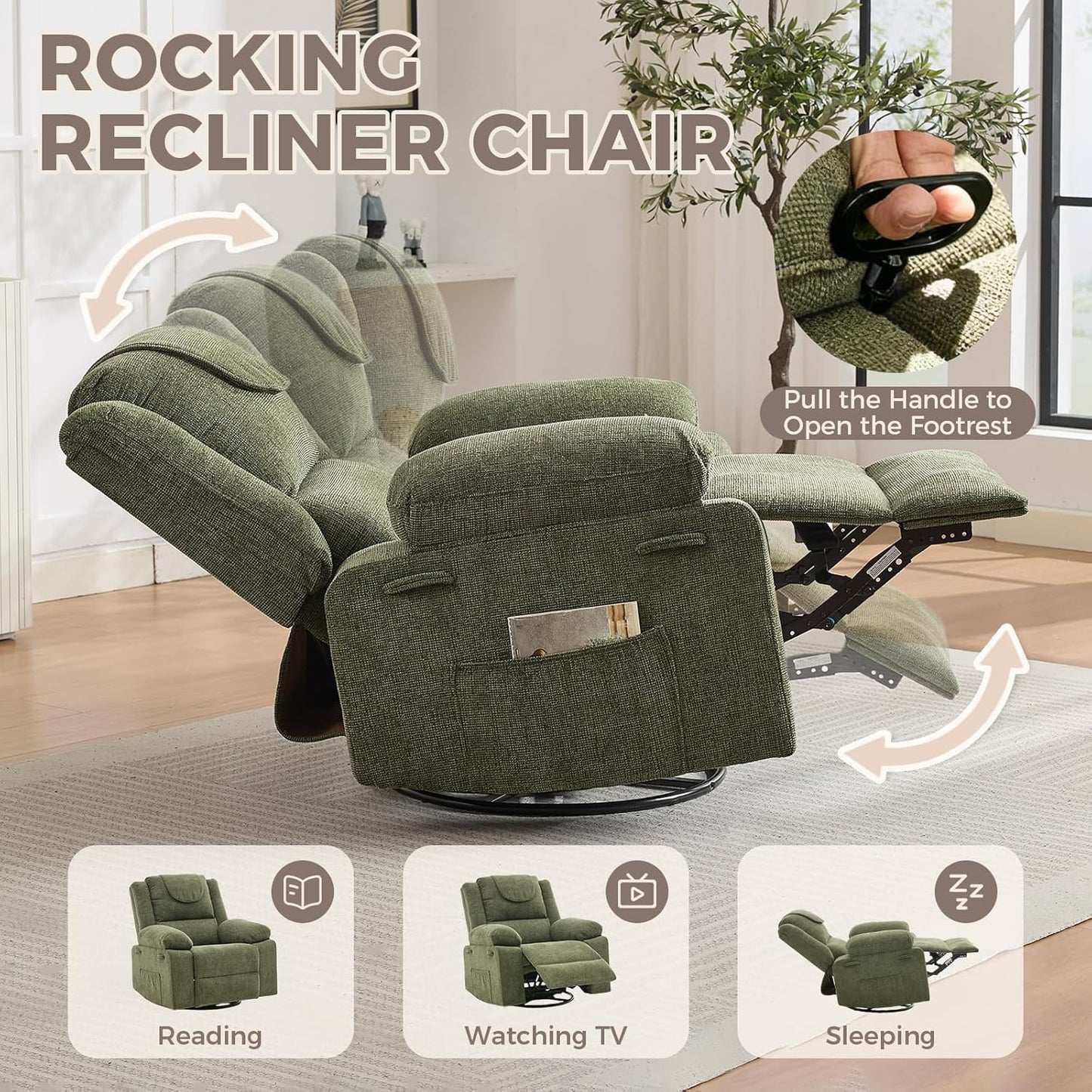 Adults Oversized Rocking Nursery Glider Recliner Chair,360° Swivel Rock Recliner Chairs Single Sofa with Vibration Massage and Heating for Living Room/Bedroom,Blue