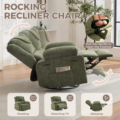 Adults Oversized Rocking Nursery Glider Recliner Chair,360° Swivel Rock Recliner Chairs Single Sofa with Vibration Massage and Heating for Living Room/Bedroom,Blue