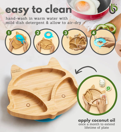 bamboo bamboo Baby and Toddler Plate for Feeding and Weaning, Bamboo Fox Plate with Secure Suction Cup for Babies from 6 Months (Fox, Pink)