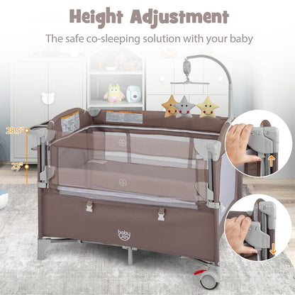 BABY JOY 5-in-1 Pack and Play, Portable Baby Bedside Sleeper with Bassinet, U-Shaped Diaper Changer, Safety Strap, Side Zipper Entrance, Hangings, Bedside Crib Playard from Newborn to Toddlers (Gray)