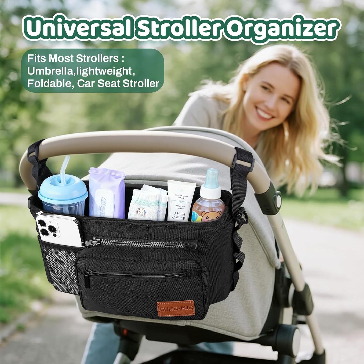 Guiseapue Universal Stroller Organizer with Cup Holder: Stroller Caddy Accessories with Detachable Phone Bag Fit for Uppababy, Non-Slip Straps, Walker Accessories, First Mothers Day Gifts for New Mom