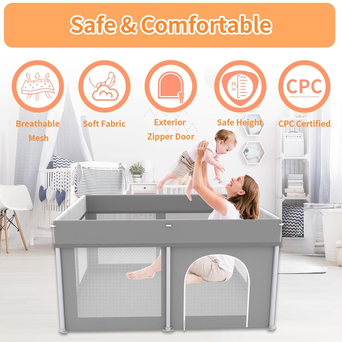 Foldable Large Baby Playpen 71"×71", Portable Playard for Babies & Toddlers, Lightweight Safety Baby Fence, No Installation, Indoor & Outdoor Playpen with 150 Ocean Balls, Beige