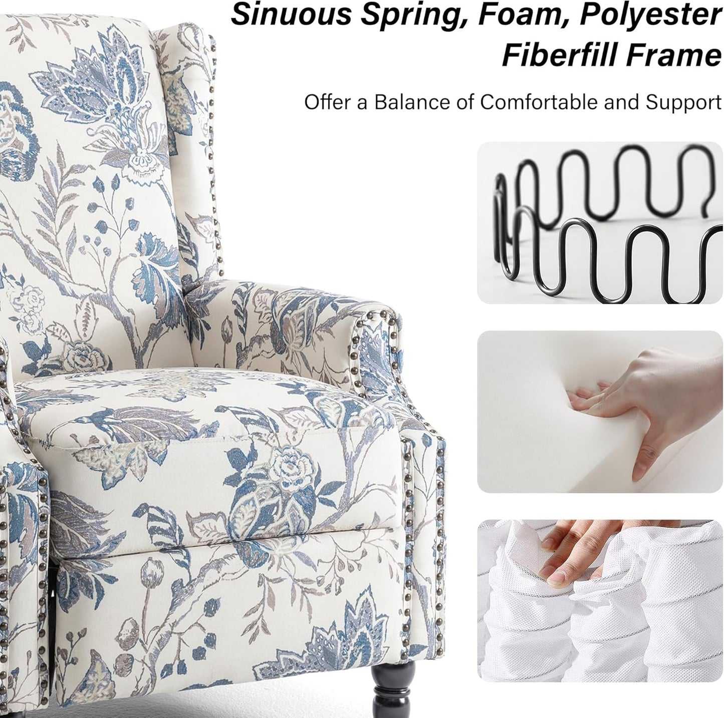 Swivel Rocker Recliner Chair, Manual Nursery Glider Recliner, Floral Fabric Wingback Accent Chair with Adjustable Backrest & Footrest for Small Spaces Living Room Bedroom (Plants Floral, Set of 1)