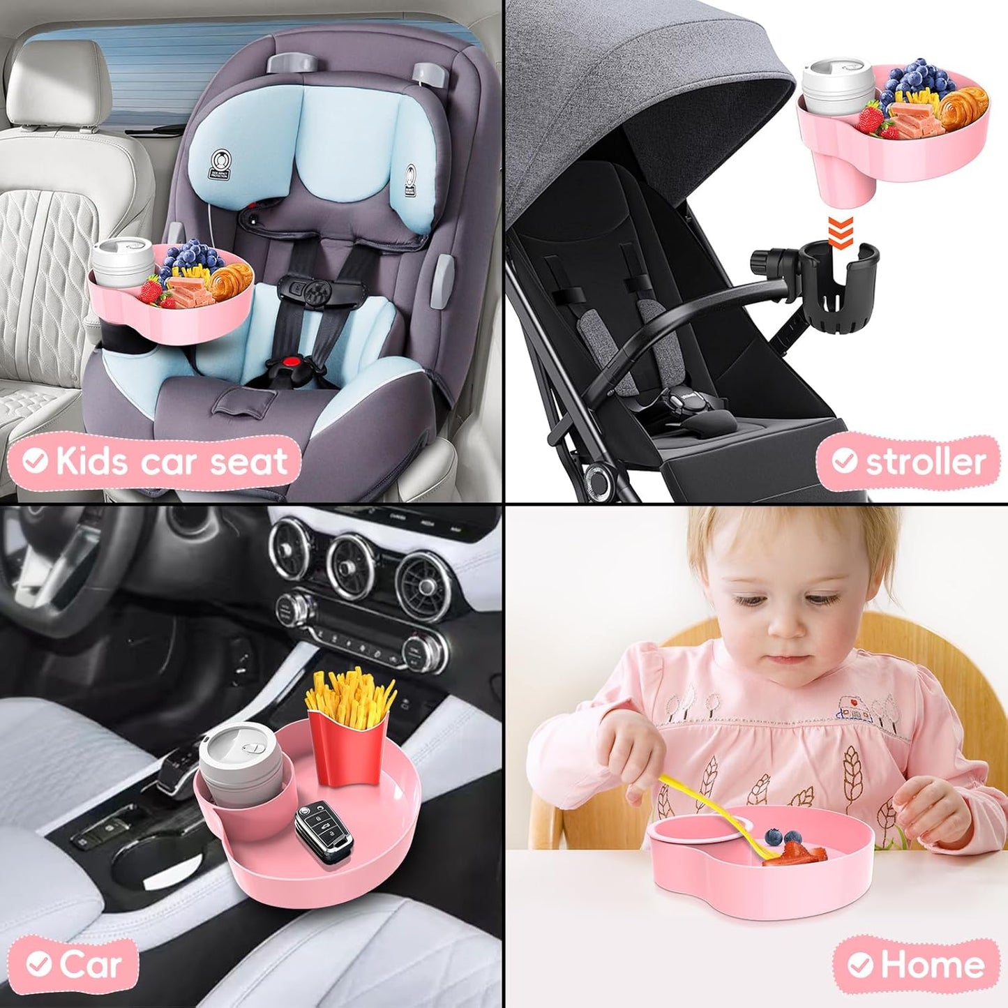 Kids Car Seat Tray, Travel Tray with Cup Holder for Toddler, Baby Car Seat Food Snack Organizer for Road Trip, Stroller snack tray travel must haves (Black 2 Packs)